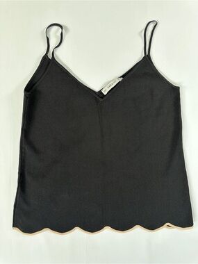Zara Knit Cami Top Black Scalloped Hem V Neck Lightweight Size S